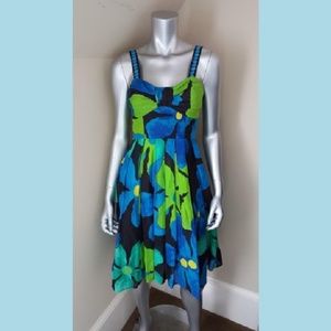 JAX Blue Green Floral Cotton Silk Blend Dress
